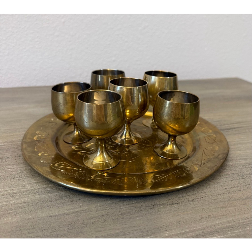 vintage set of brass cordial goblets with a matching etched tray